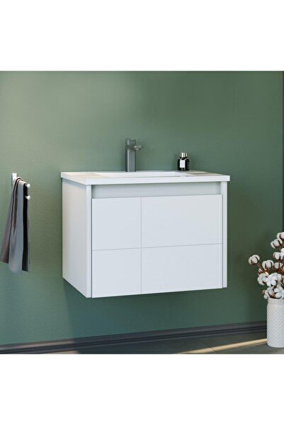 ORKA Likya 65 Cm Mat Beyaz Banyo Dolabı Alt Modül Ve Lavabo