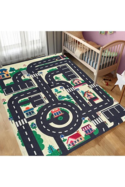 Carpettex Çocuk Bebek odası eğitici oyun Halısı Trafik temalı Sarı Gri Halı Kaymaz Taban Yıkanabilir