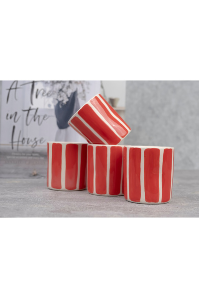 Melouro Red Striped Set of 3 Handmade Ceramic Cups with Handles, Mug