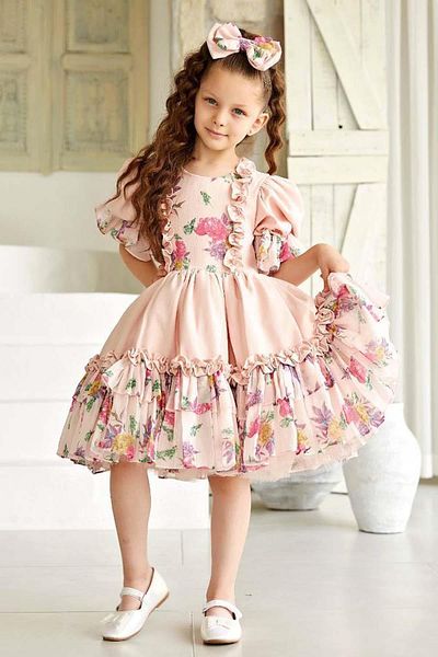 Riccotarz Girl's Balloon Sleeve Breast Flower Detailed Skirt Tip Ruffle Lined Salmon Dress