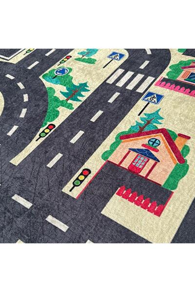 Carpettex Çocuk Bebek odası eğitici oyun Halısı Trafik temalı Sarı Gri Halı Kaymaz Taban Yıkanabilir