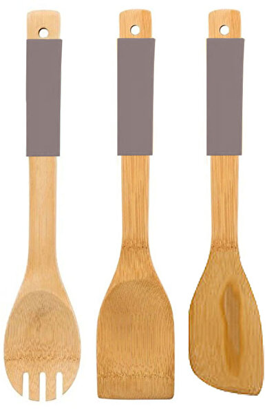 TİVOLİ 2Pcs Bamboo Spatula with 1Pcs Salad Spoon Silicone Handle Heat Resistant Fireproof Non-Stick Plum