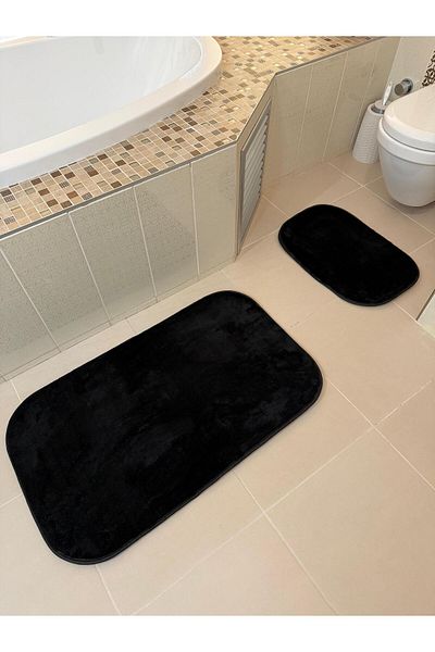 YTR HOME Σετ χαλάκι μπάνιου με βελούδινη μαλακή σφουγγαρίστρα που πλένεται αντιολισθητική βάση με κουκκίδες
