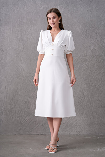 bayansepeti Beyaz Atlas Kumaş V Yaka Prenses Kol Düğme Aksesuarlı Kloş Midi Abiye Elbise 153