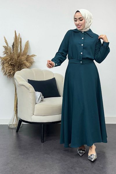 Tesettür Diyarı Women's Crepe Fabric Stone Buttoned Flared Skirt Suit