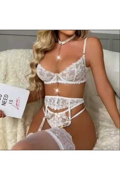 Jewel Φανταχτερό λευκό σέξι διαφανές δαντελένιο σουτιέν και κοστούμι με ζαρτιέρες