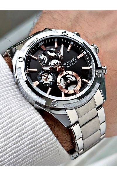 Ferrucci Function Function Silver-Black Color 3 Atm Waterproof Steel Band Men Wrist Watch