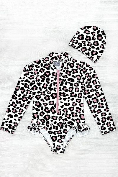 My Kids Wear Ruffle Detailed Leopard Pattern Bonneted Girl's Swimsuit