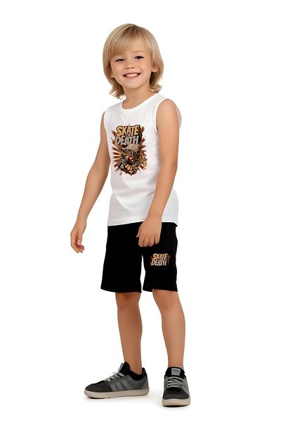 YA KO KİDS Skate or Death Printed Boys' Suspender T-Shirt and Shorts Set Top and Bottom