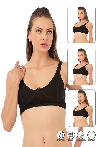 ÖZKAN underwear Özkan 0564 - Γυναικείο μισό άλμα από βαμβακερό ριμπ 3 συσκευασιών, άδειο κύπελλο και χοντρό λουράκι χωρίς στήριγμα χωρίς σύρμα χωρίς σύρμα
