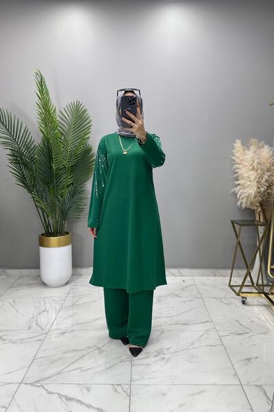 ALYA ΣΕΤ EISA Ρούχα Τσόρνας με Λεπτομέρειες από Πέτρα Κρεπ Ύφασμα Διπλό Σετ Σμαραγδί