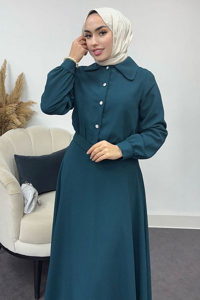 Tesettür Diyarı Women's Crepe Fabric Stone Buttoned Flared Skirt Suit