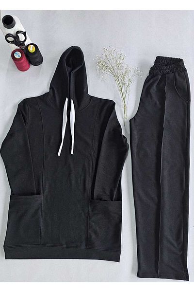 SEGÜL Hijab Clothing Women's Black Wide Pipe Leg Bottom Top Tracksuit Set