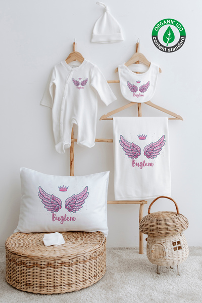 Lilabio %100 Organik Isme Özel Isimli 6lı Hastane Çıkışı Tulum Set Pembe Kanat