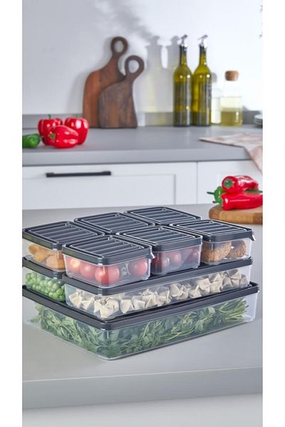 Cherry Collection 9-Piece Refrigerator Organizer Microwave and Freeze Suitable Storage Container Anthracite 9-Piece