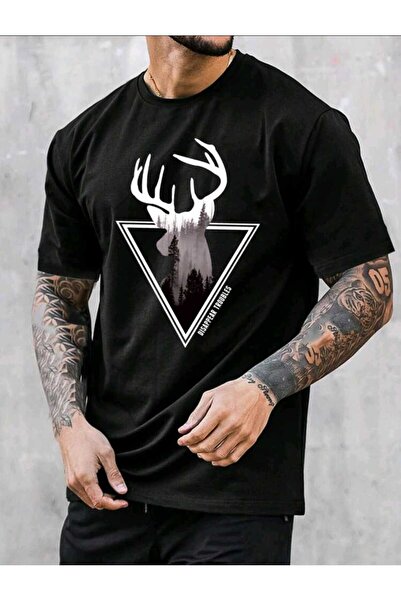 FAVORİST Tricou cu mânecă scurtă din bumbac imprimat cu cerb (oversize).