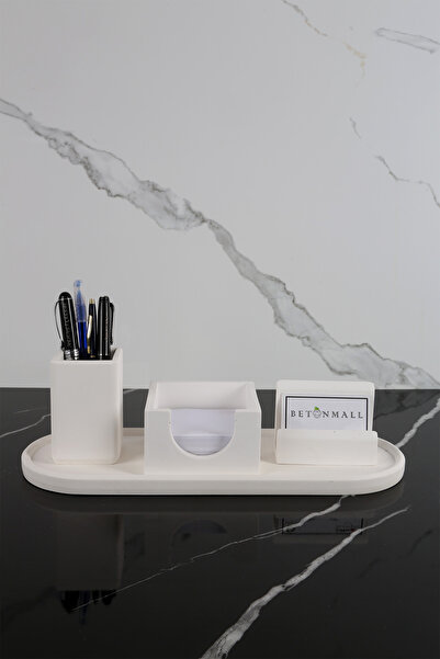 betonmall 4 Parça Mermer Desenli Beton Ofis Seti Masaüstü Kalemlik Kartvizitlik Notluk