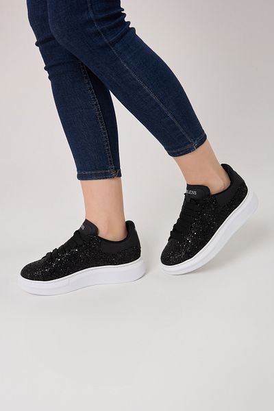 POLENS Pantofi sport ortopedici confortabili în stil Mcqueen cu perle negre/argintii pentru femei