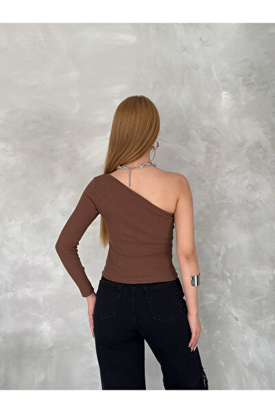 ladyzey Γυναικεία μπλούζα με έναν ώμο καφέ καμιζόλ