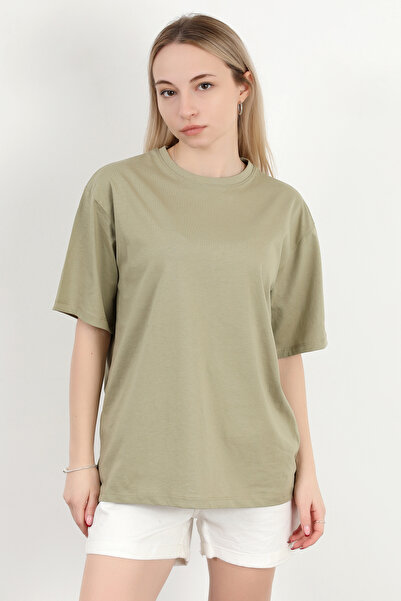 GİYSA Γυναικείο μπλουζάκι με λαιμόκοψη βαμβακερό βασικό χακί - 925001