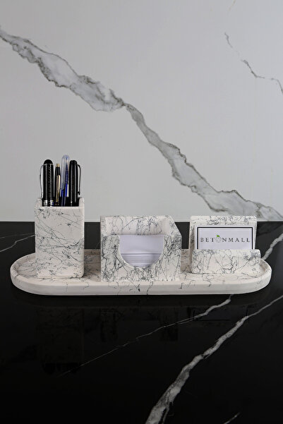 betonmall 4 Parça Mermer Desenli Beton Ofis Seti Masaüstü Kalemlik Kartvizitl...