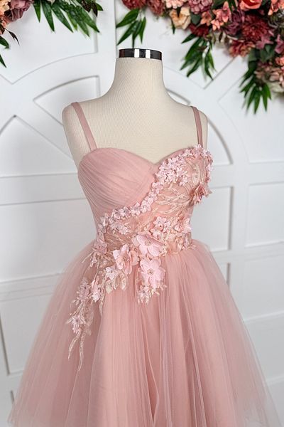 Lenta Moda Powder Floral Lace Detailed Mini Tulle Evening Dress and Evening Dress