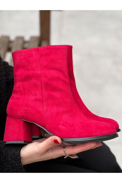 irmona Μποτάκια Feli Red Cow Suede με χοντρό τακούνι
