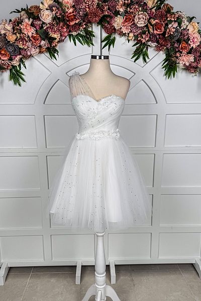 Lenta Moda White Pearls Tulle and Lace Detail One Shoulder Draped Mini Evening Dress and Wedding Party Dress