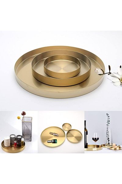 fulina 3 Pcs Round Metal Decorative Tray,gold Simple Line Design,suit For Jewelry,cutlery
