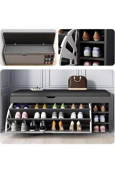 1st 100x50x34 Shoe Cabinet with Flip-Top Drawer and Padded Leather Bench with Side Shelves Grey