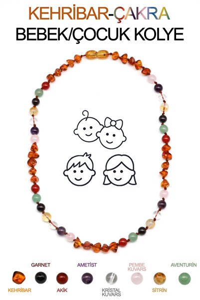 Alibaba Doğaltaş Kehribar-Çakra Doğal Taş Bebek/Çocuk Kolyesi-35 cm