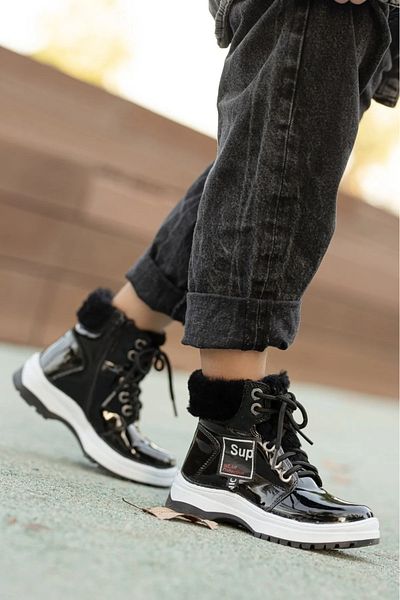 BOUIS Girl's Black Fur Shiny High Sole Boots Lace up Half Boots Cold Weather Resistant