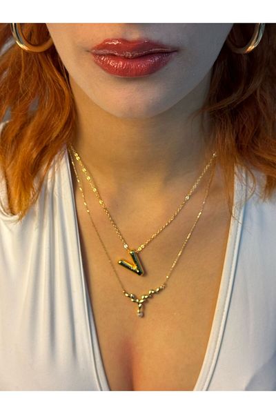 Asef Hediye Gold Balloon Letter Necklace - V and Letter Tarnish Stainless Steel