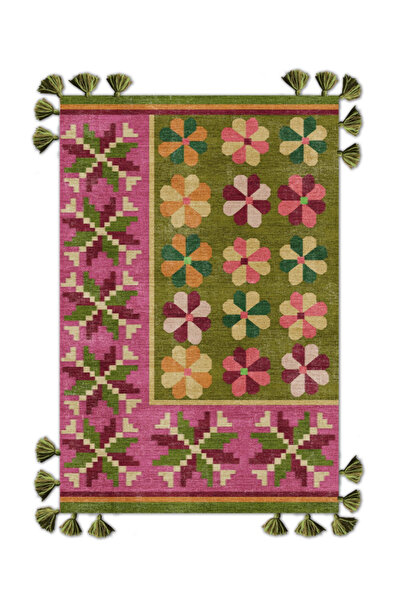 Rugs Modern Halı Leyla 1143 Yeşil Pembe Etnik Çiçek Temalı Saçaklı Dokuma Tab...