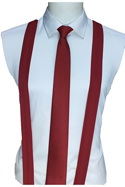 Elegante Cravatte Red Color Trouser Suspenders and Tie-Handkerchief Set