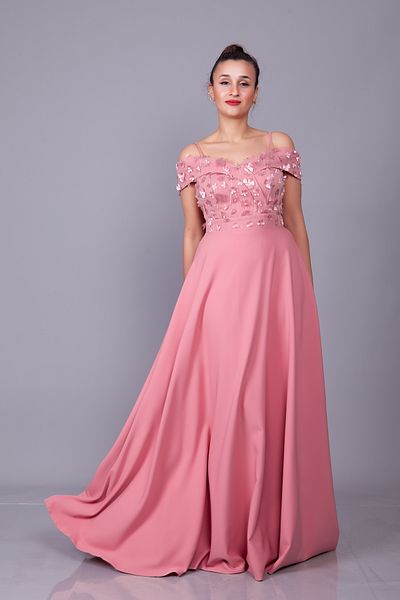 Bidoluelbise Dusty Rose Strap Off Shoulder Floral Τούλι Λεπτομέρεια Maxi μήκους φόρεμα βραδινό φόρεμα