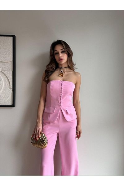 Rabia Çelik Costum 2 piese pentru femei, roz, cu nasturi în față, fără bretele