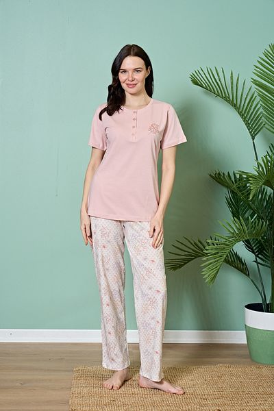 Duru Örme Pajama Set Pink Color Cotton Short Sleeve and Floral Pants - Button Collar Set