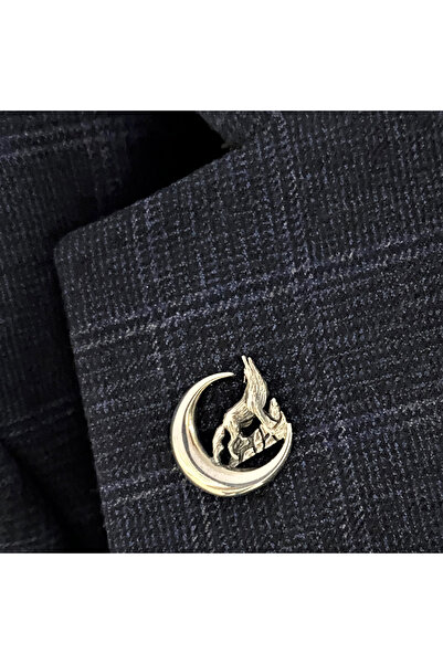 Sima Silver Gümüş Hilal Kurt Figürlü Erkek Kadın Rozet Yaka Iğnesi