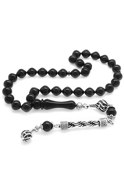 Tesbihane Non-Tarnish Metal Rope Tasseled Istanbul Cut Black Crimped Amber Rosary