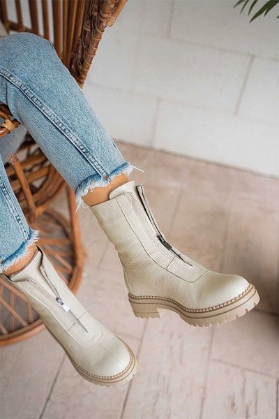 Parponi Stella Women's Genuine Leather Boots with Zipper on the Front Ecru
