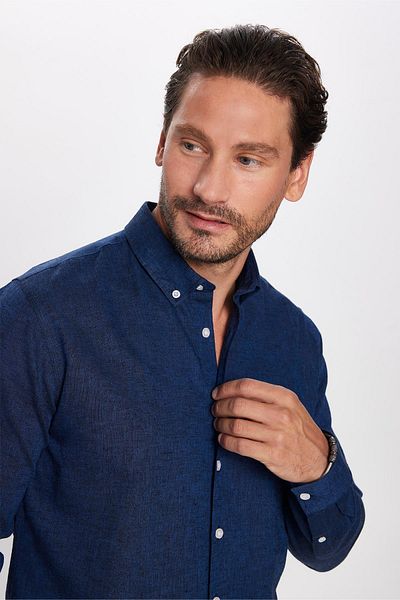 Tudors Slim Fit férfi karcsúsított hosszú ujjú lenvászon prémium sorozatú gombos galléros sport indigó ing