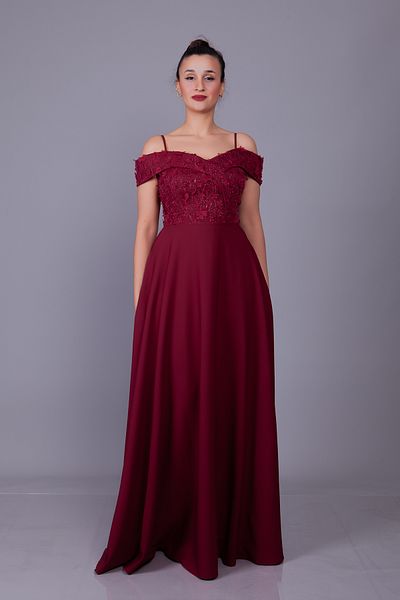 Bidoluelbise Burgundy Straps Off Shoulder Floral Tulle Detail Maxi Length Flared Evening Dress