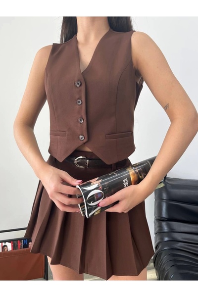 Genel Markalar Kadın Kahverengi İçi Astarlı Şortlu Kemerli Pileli Mini Şort Etek