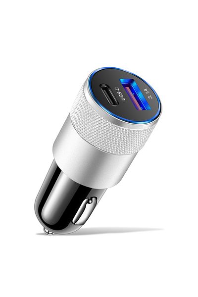 Choice شاحن سيارة فضي 3.1 أمبير بمنفذي USB مزدوجين بتقنية الشحن السريع Qc3.0 وشاحن هاتف بتقنية الشحن السريع Pd ومحول ولاعة سجائر تلقائي