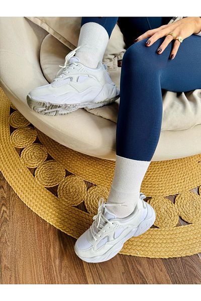 İnan Ayakkabı Women's White Gray Color a Quality Vegan Leather Women's Sneakers & Sports Shoes (Sole 4 cm)