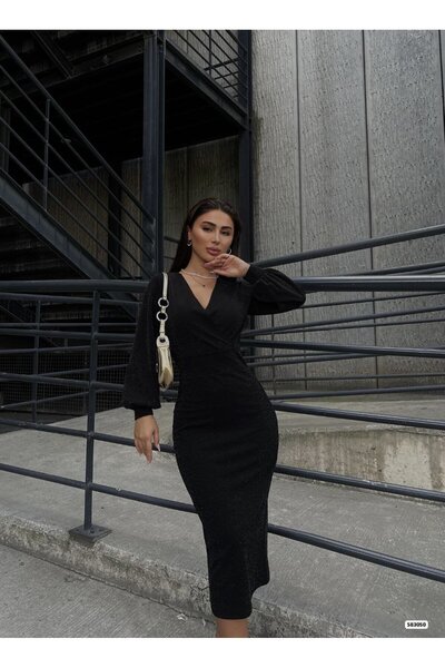 AURAPLUS فستان نيدام بوتيك نسائي بطول متوسط من قماش الكريب اللامع بياقة مزدوج...