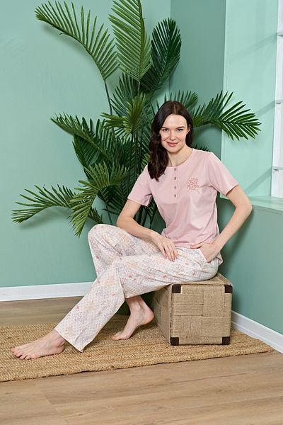 Duru Örme Pajama Set Pink Color Cotton Short Sleeve and Floral Pants - Button Collar Set