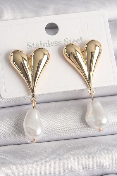 Take and Happy Brass Gold Color Heart Model Dangle Pearl Drop Model Women's Earrings