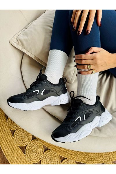 İnan Ayakkabı Women's Black Color Vegan Leather Women's Sneakers & Sports Shoes (Sole 4 cm)